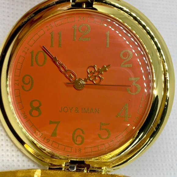 Gold tone Pocket Watch joy & iman Quartz analog orange dial 46mm running - Picture 3 of 4